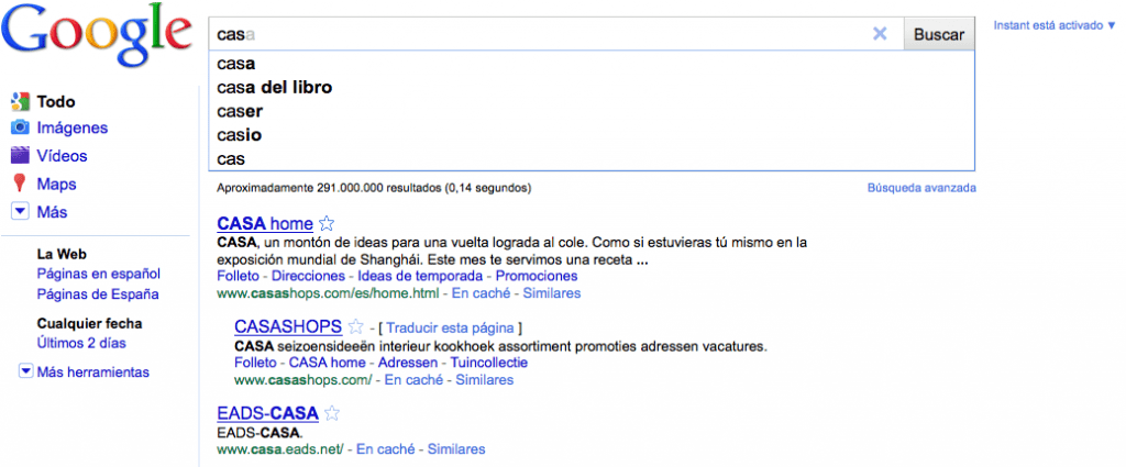 Google instant Search en funcionamiento