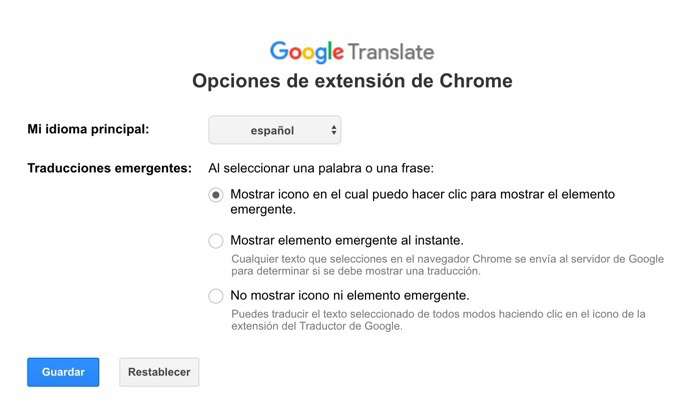 Opciones Traductor Google extension