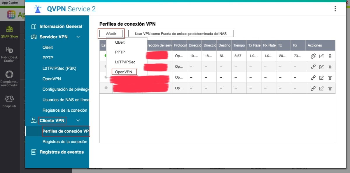 QVPN Service > Cliente VPN  > Perfiles de Conexión VPN > Añadir > OpenVPN