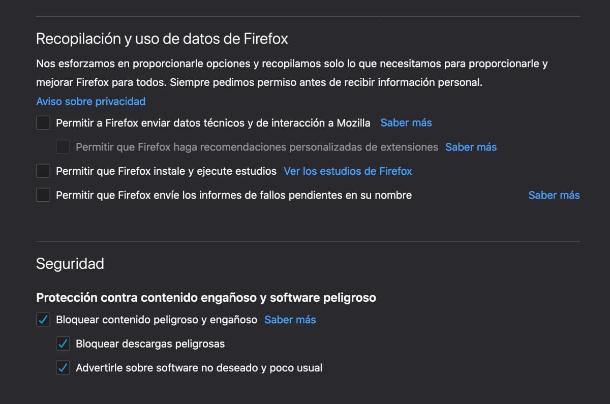 desmarcar la recopilación y uso de datos de Firefox y activar todas las opciones de seguridad