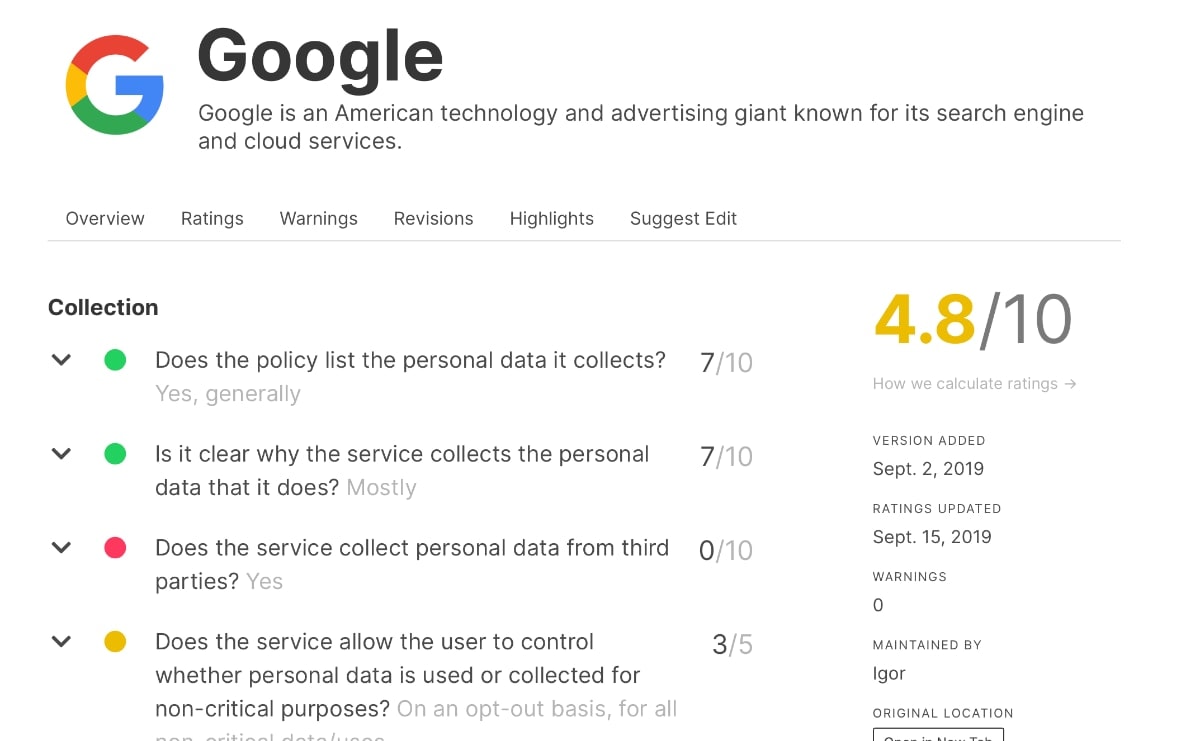 google politica privacidad valoración 