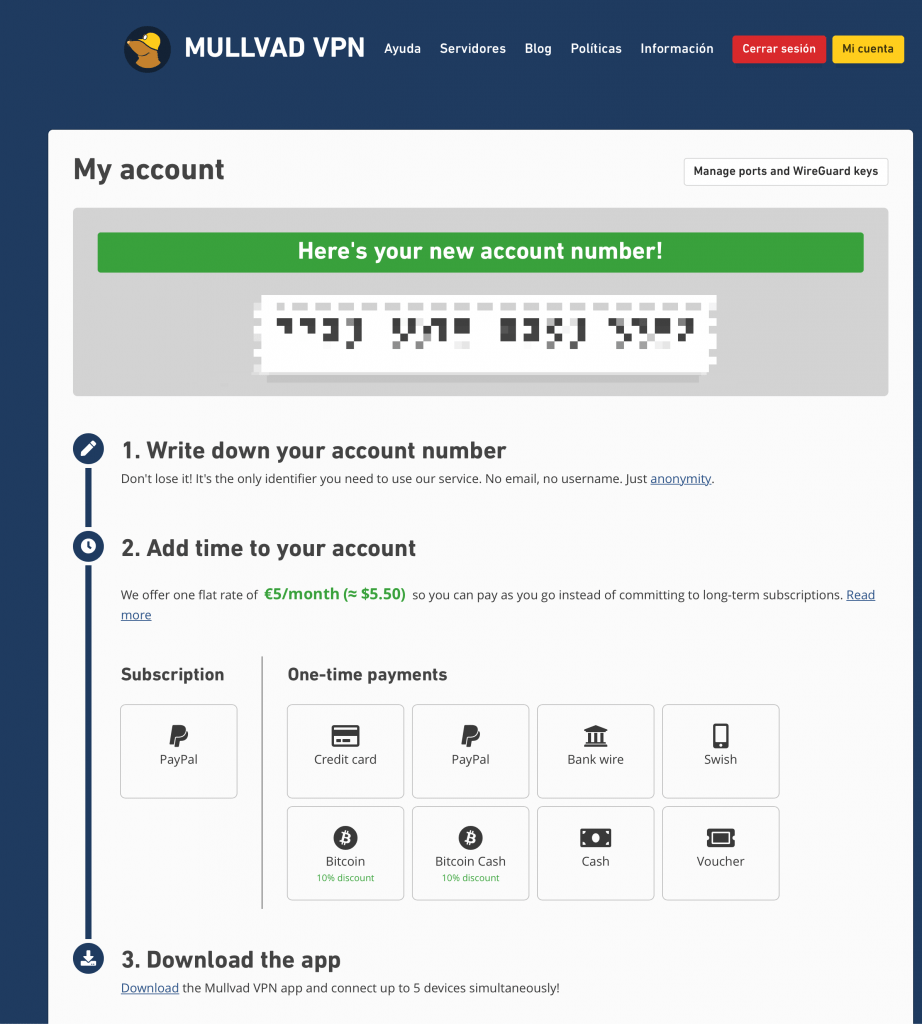 Mullvad VPN - Proceso de suscripción