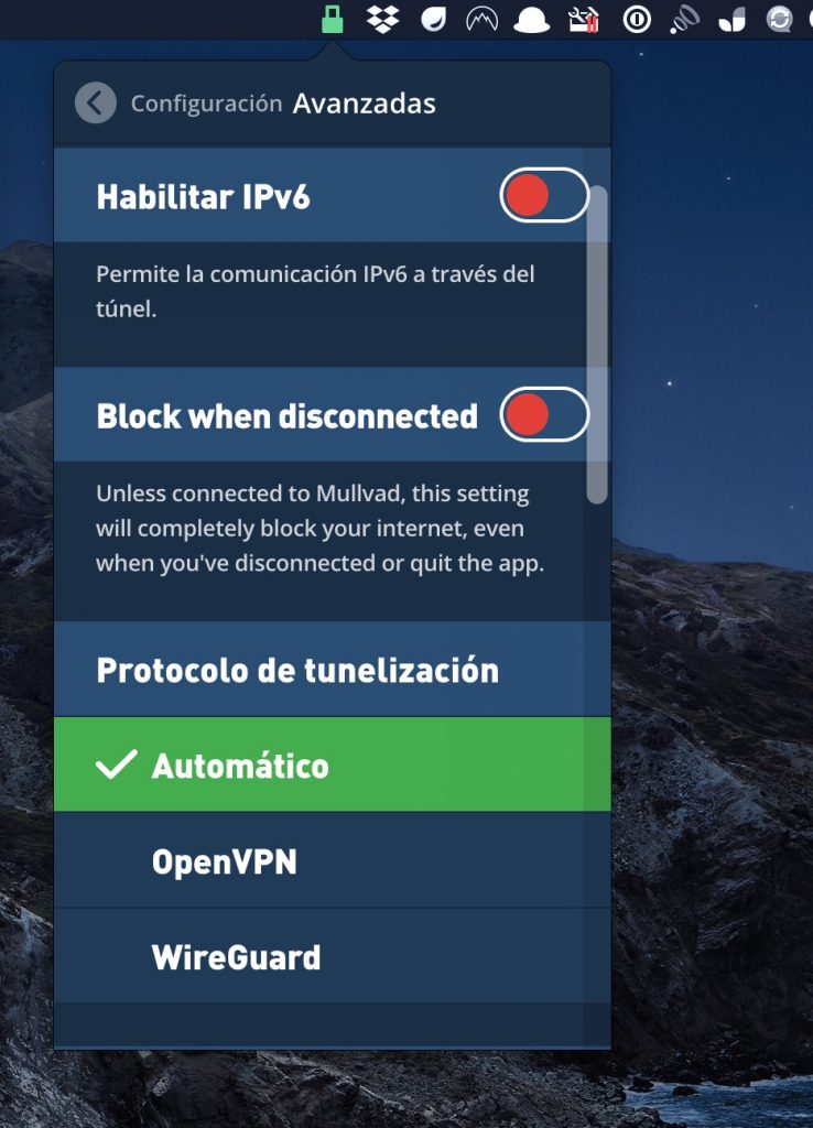 mullvad configuración app: WireGuard