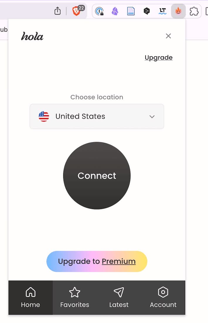 Hola VPN - Your Website Unblocker instalado en Brave