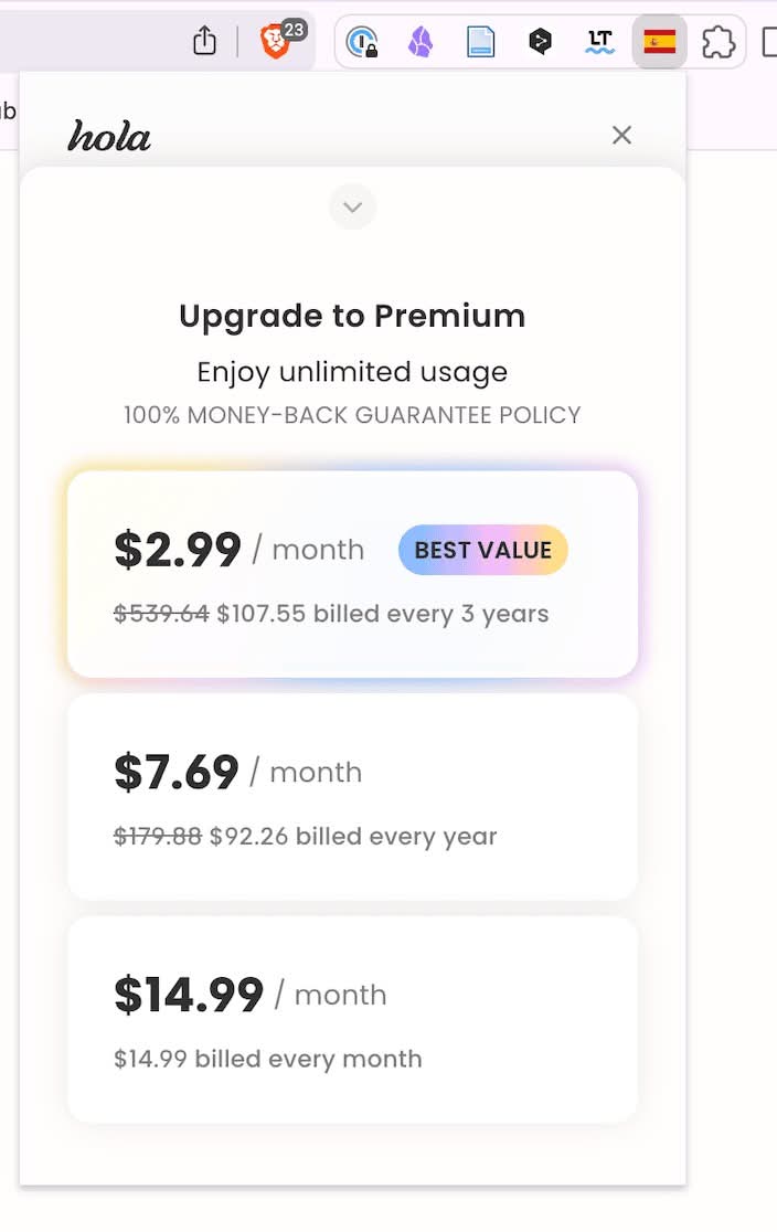 Hola VPN - Your Website Unblocker instalado en Brave: precio premium