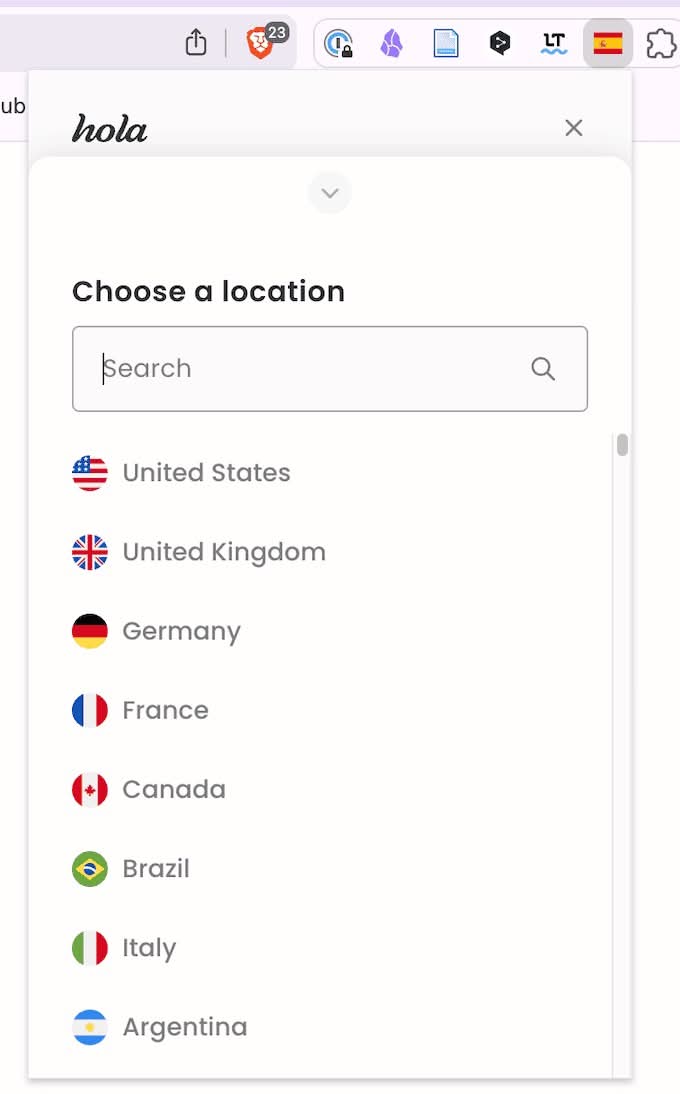 Hola VPN - Your Website Unblocker instalado en Brave: paises