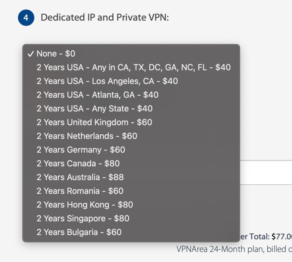 VPNArea: precio IP estática (dedicada)