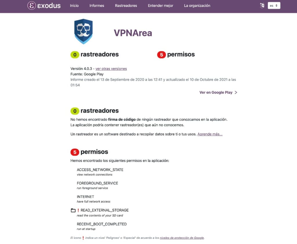 VPNarea test privacidad en su página web