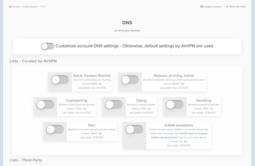 Configuracion DNS de AirVPN