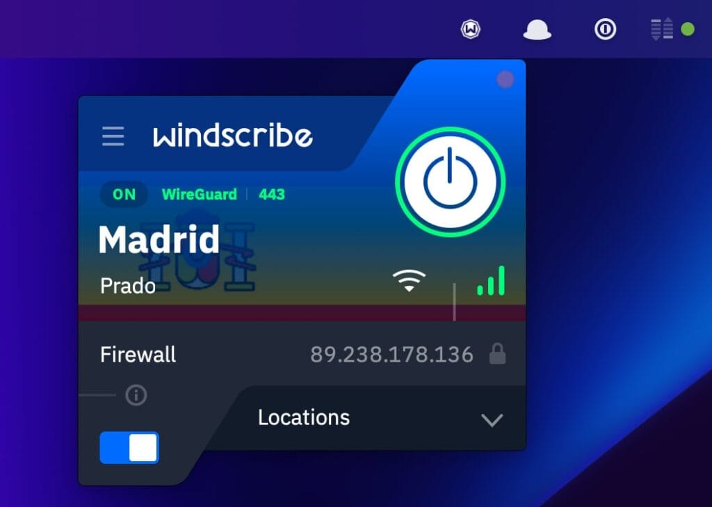 Interfaz de Windscribe: app