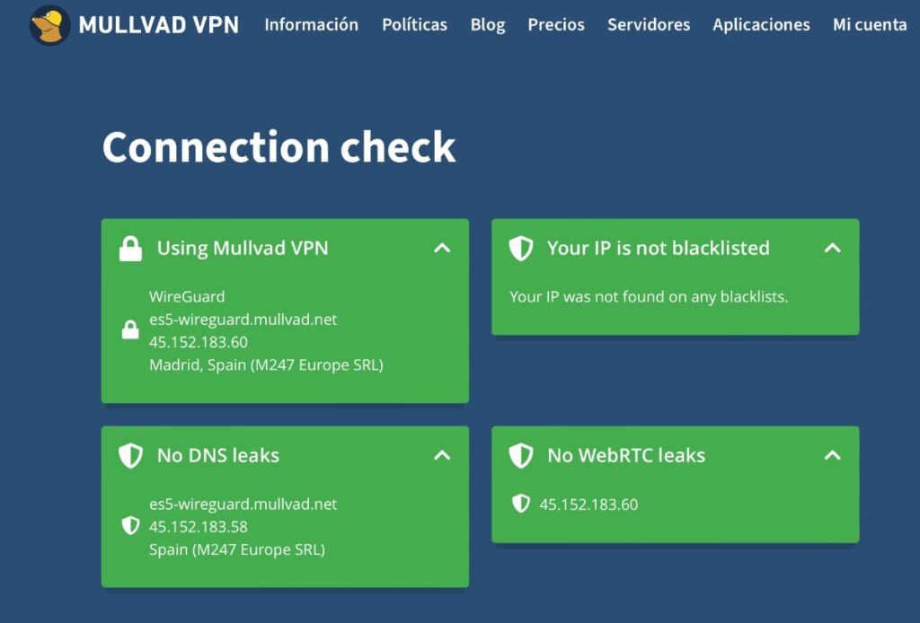 Comprobación de leaks en Mullvad VPN
