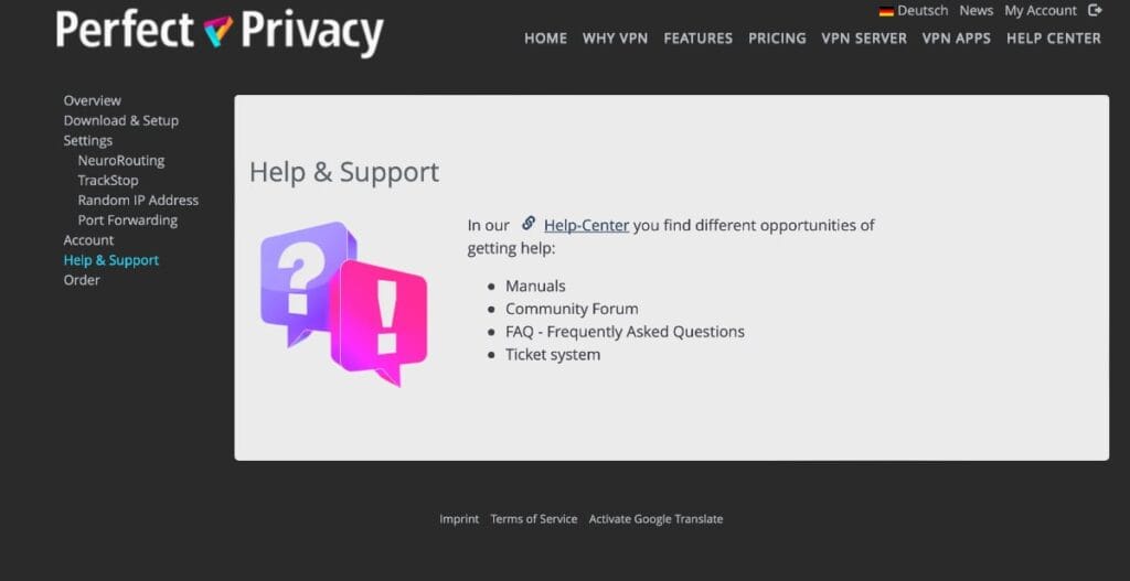 Perfect Privacy VPN: panel control web