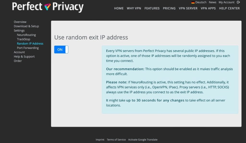 Perfect Privacy VPN: panel control web