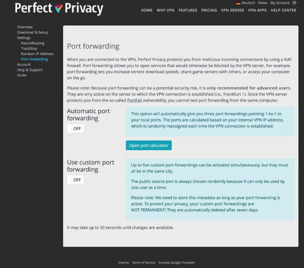 Perfect Privacy VPN: port forwarding