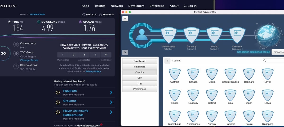 Perfect Privacy VPN: velocidad de servidores Multihop 4 servidores