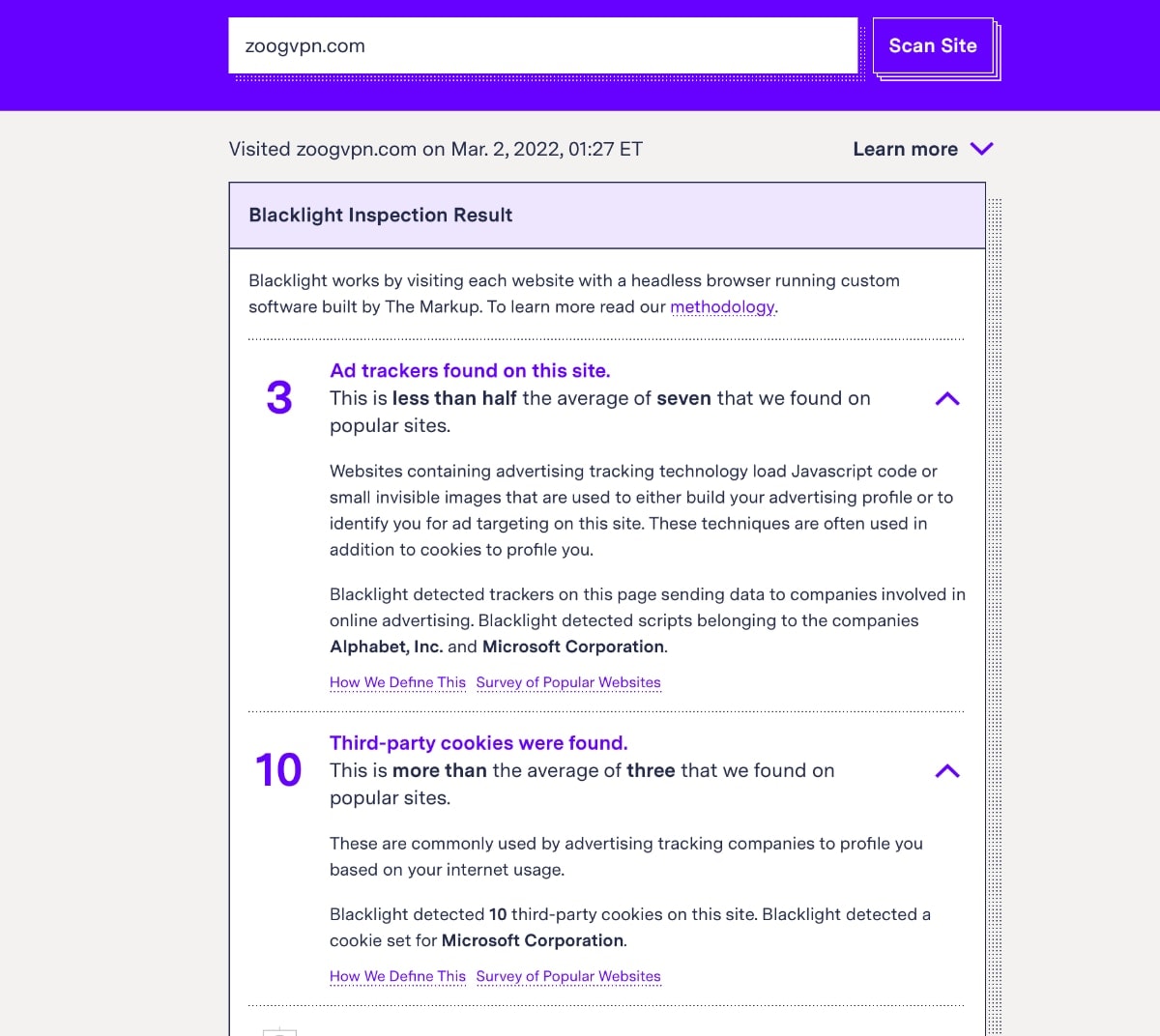 ZoogVPN web: rastreadores