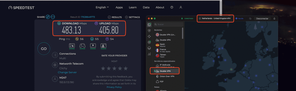 Conexión Doble VPN de Países Bajos a UK con NordVPN en una conexión de 1GB. 