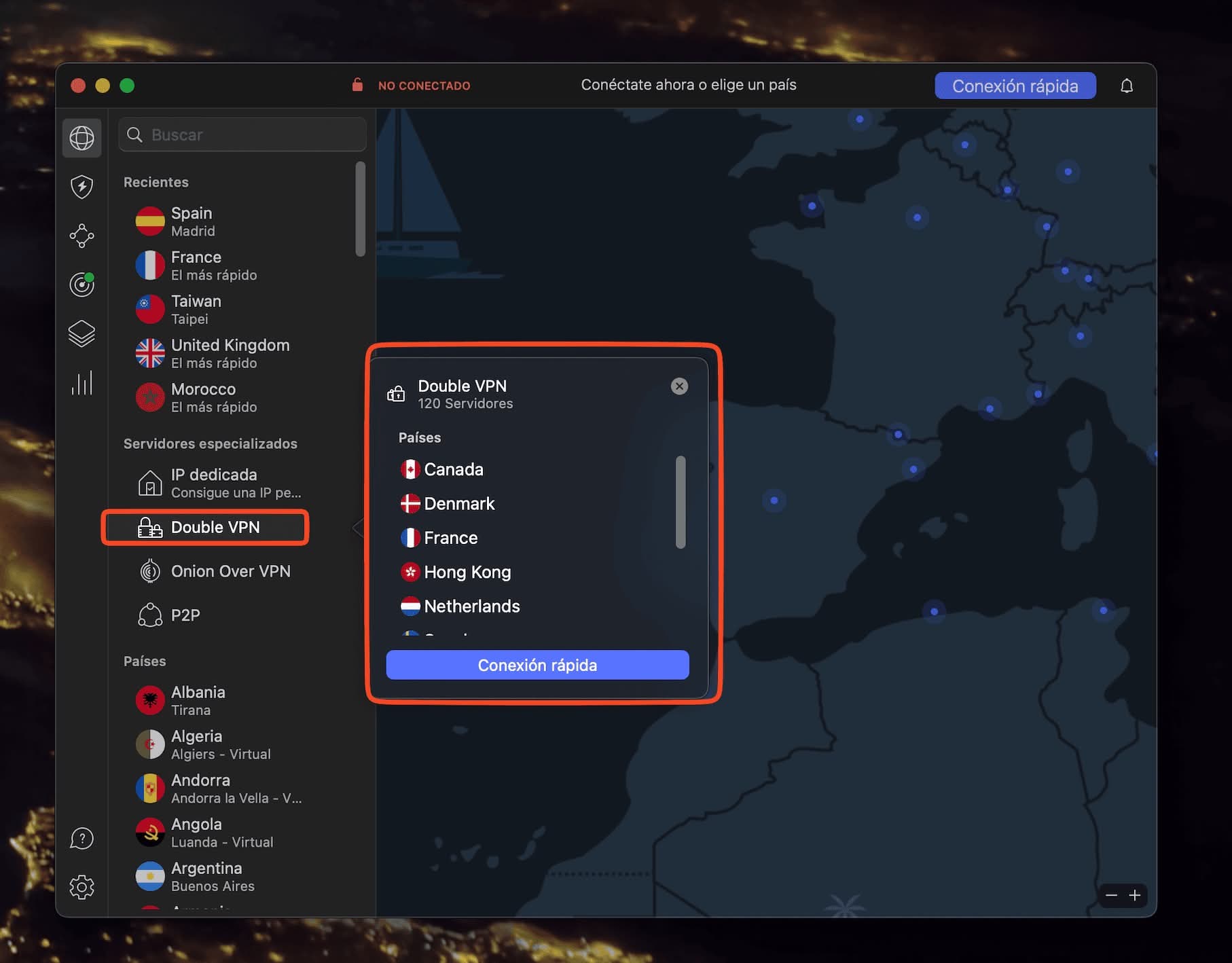 Activamos el Doble VPN en la app de NordVPN en macOS: ahora mismo hay 120 servidores.
