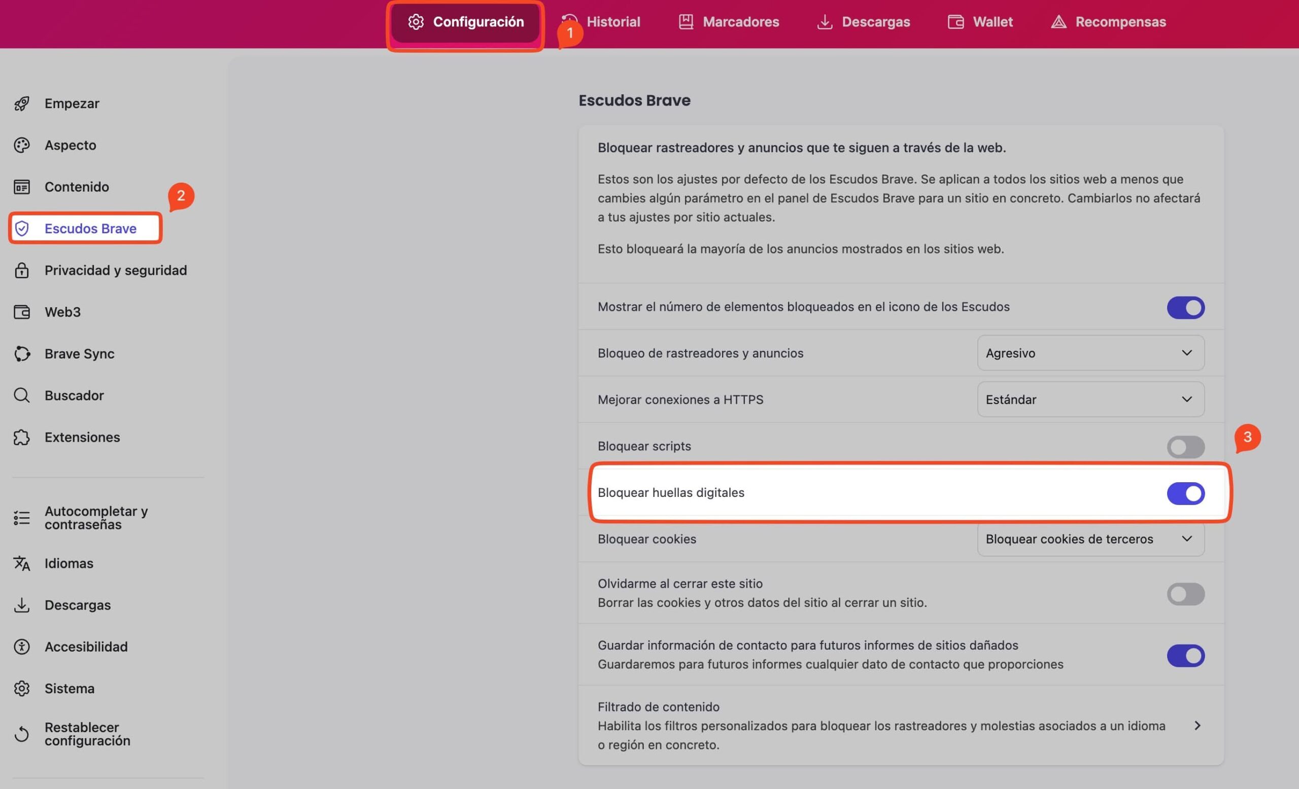Brave: barra de navegación y en "Huella Digital" elegir "Bloquear cualquier fingerptinting"