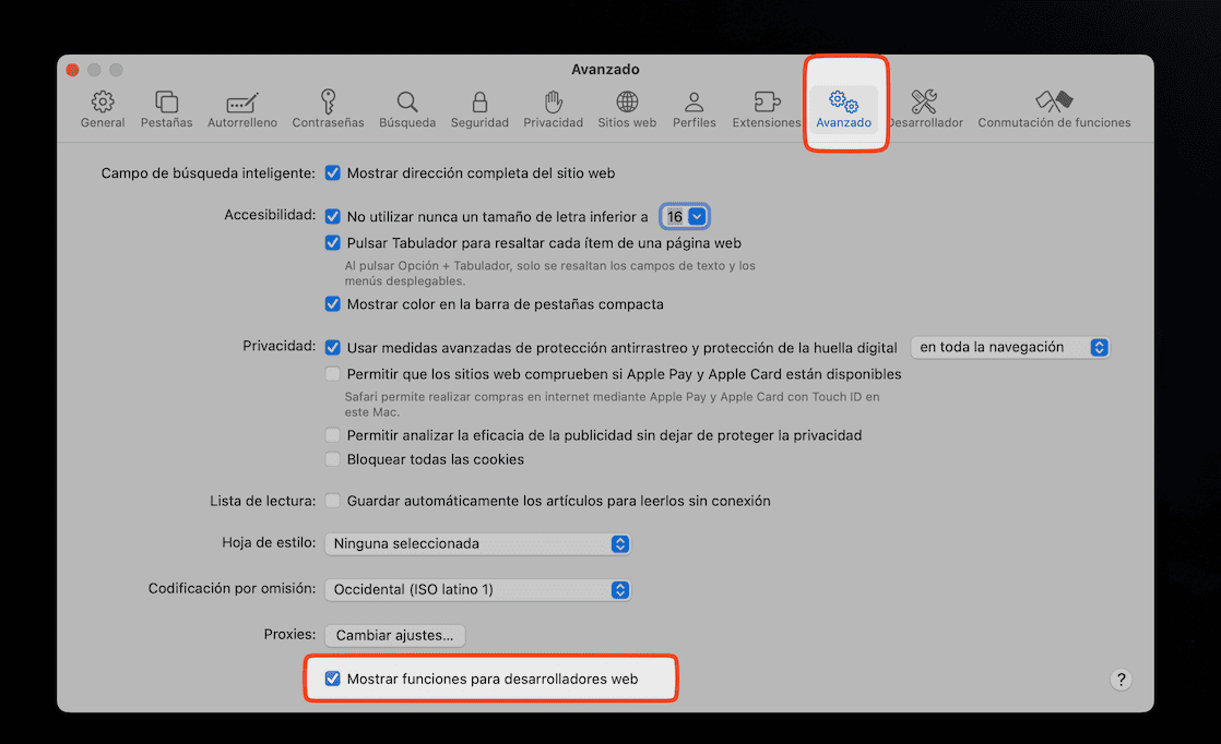 Activamos menú avanzado en Safari.
