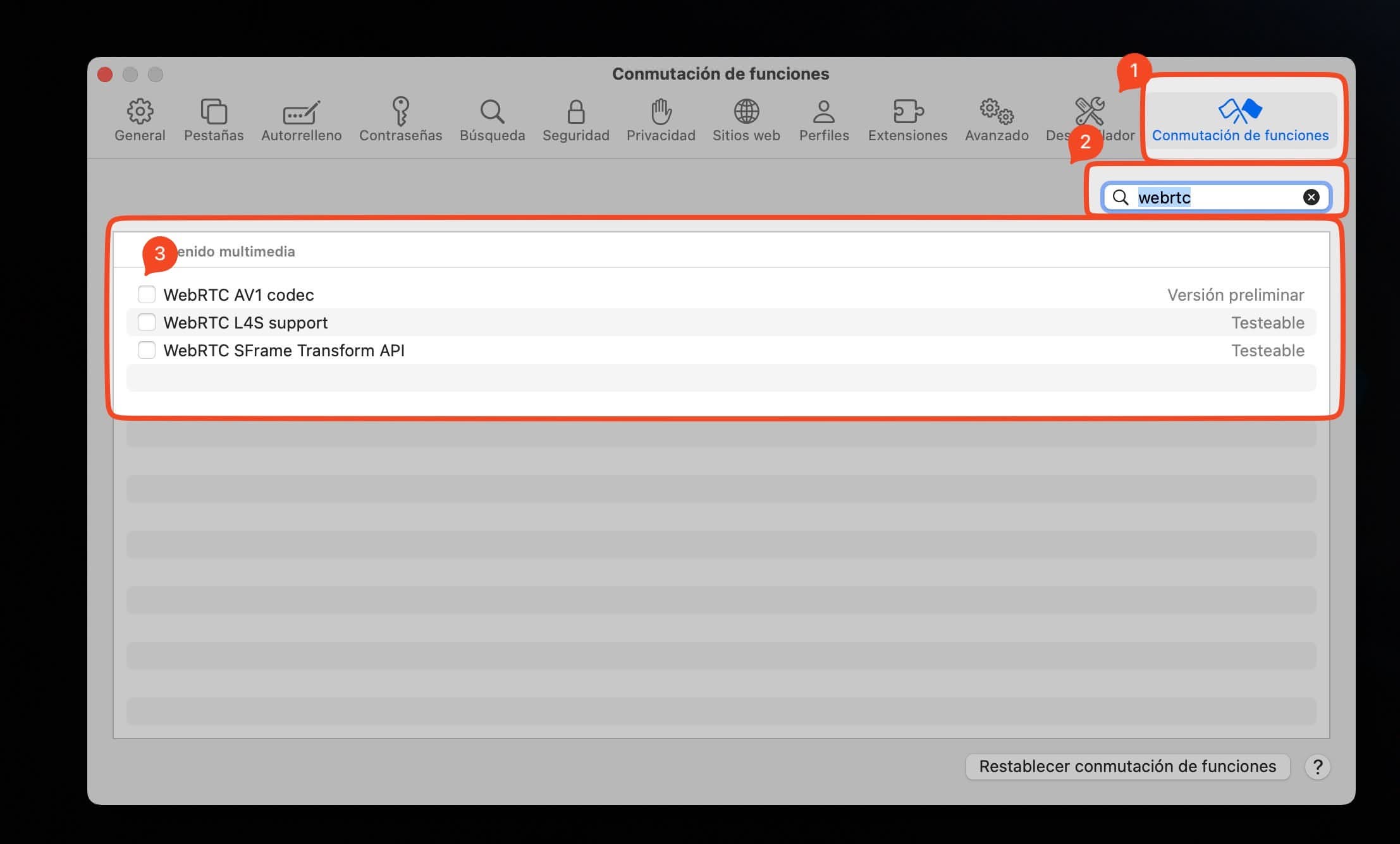 Comprobamos en Safari que no esta activo WebRTC