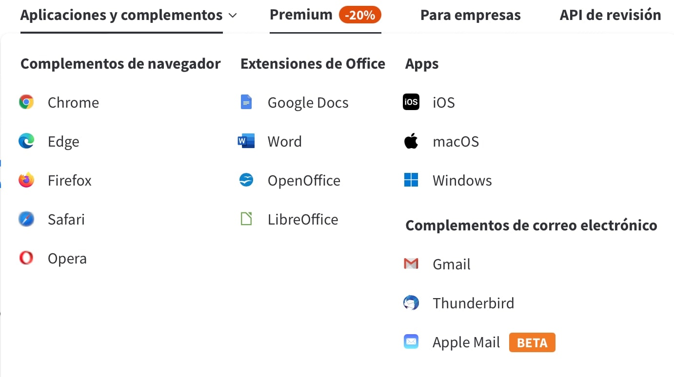 languagetool: apps y complementos con extensiones para Office, complementos navegadores y apps para varios sistemas operativos. 