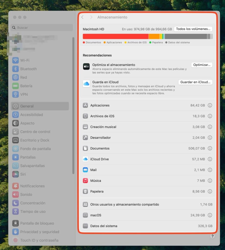 En macOS: Ajustes del sistema y seleccionar Almacenamiento