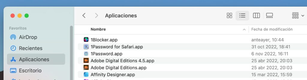 Listado de aplicaciones en un Mac en Finder