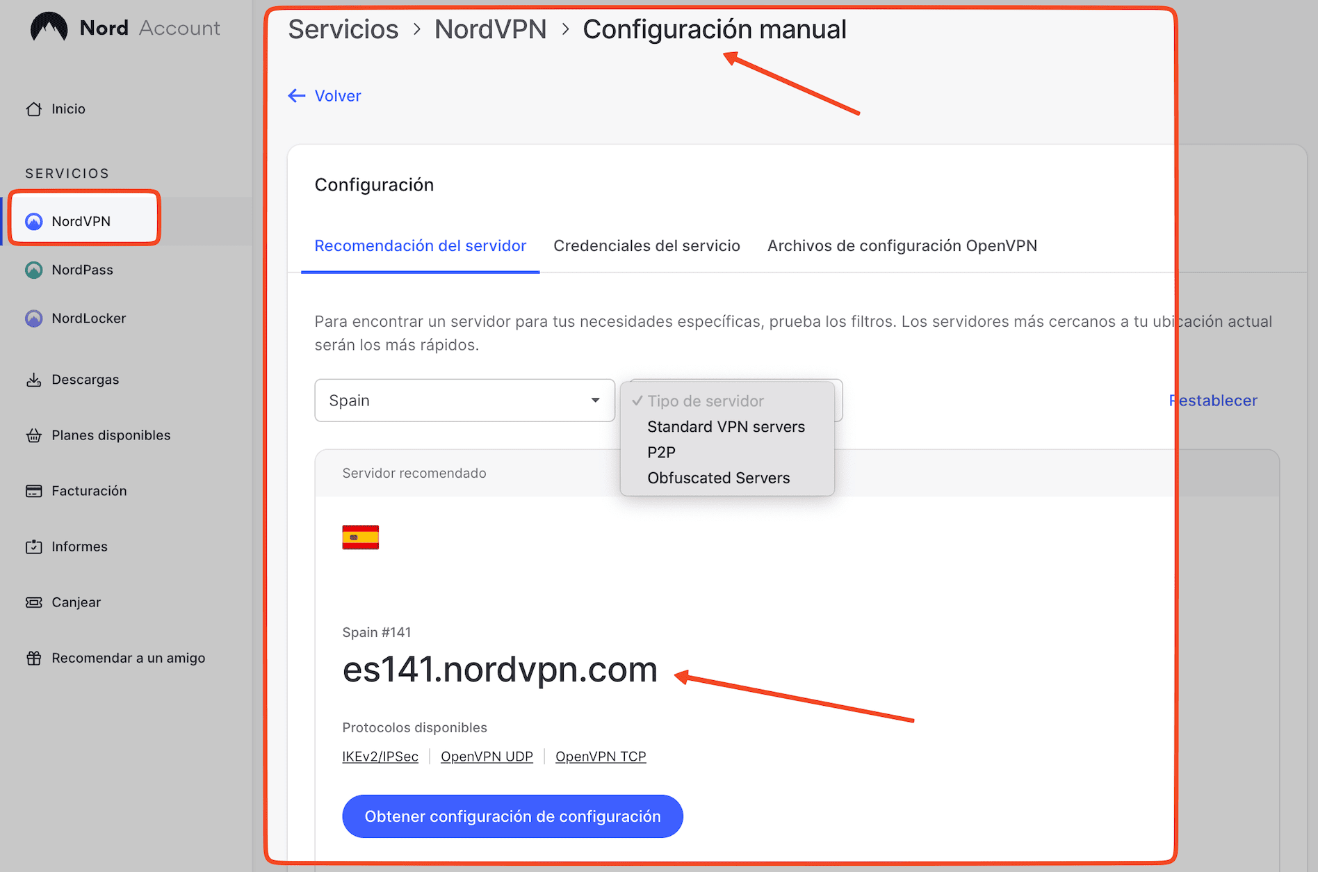 Recomendación de servidor VPN en NordVPN en su panel de control.