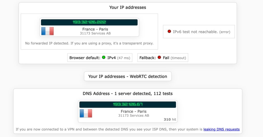 Comprobando el DNS y el IP LEAK con una VPN encendida (Mullvad)