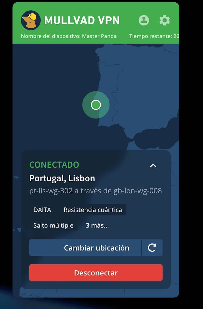 Túnel VPN con resistencia cuantica en la VPN Mullvad en la app para Mac.