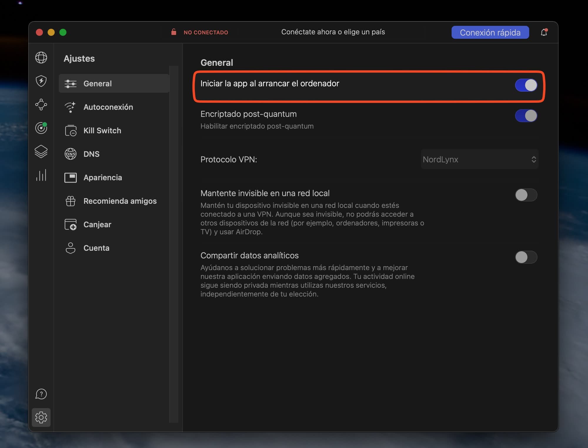 Activamos la app de NordVPN al encender el ordenador.