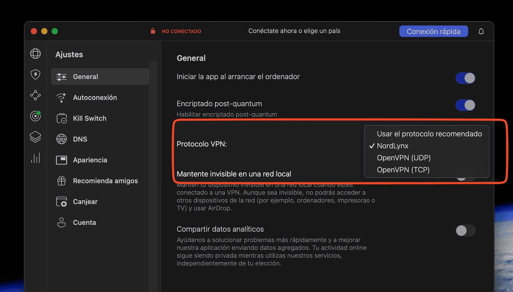 Cambio de protocolo VPN en la app de NordVPN. NordLynx suele ser el mejor (Wireguard)