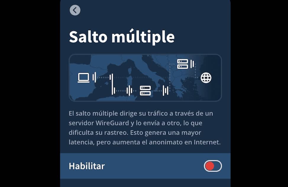 Salto múltiple desactivo en la app de Mullvad VPN