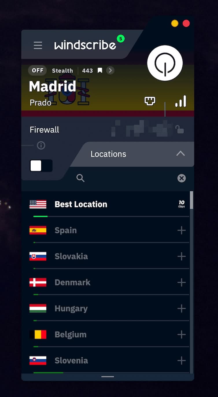 Saturación y latencia de servidores en app de Windscribe