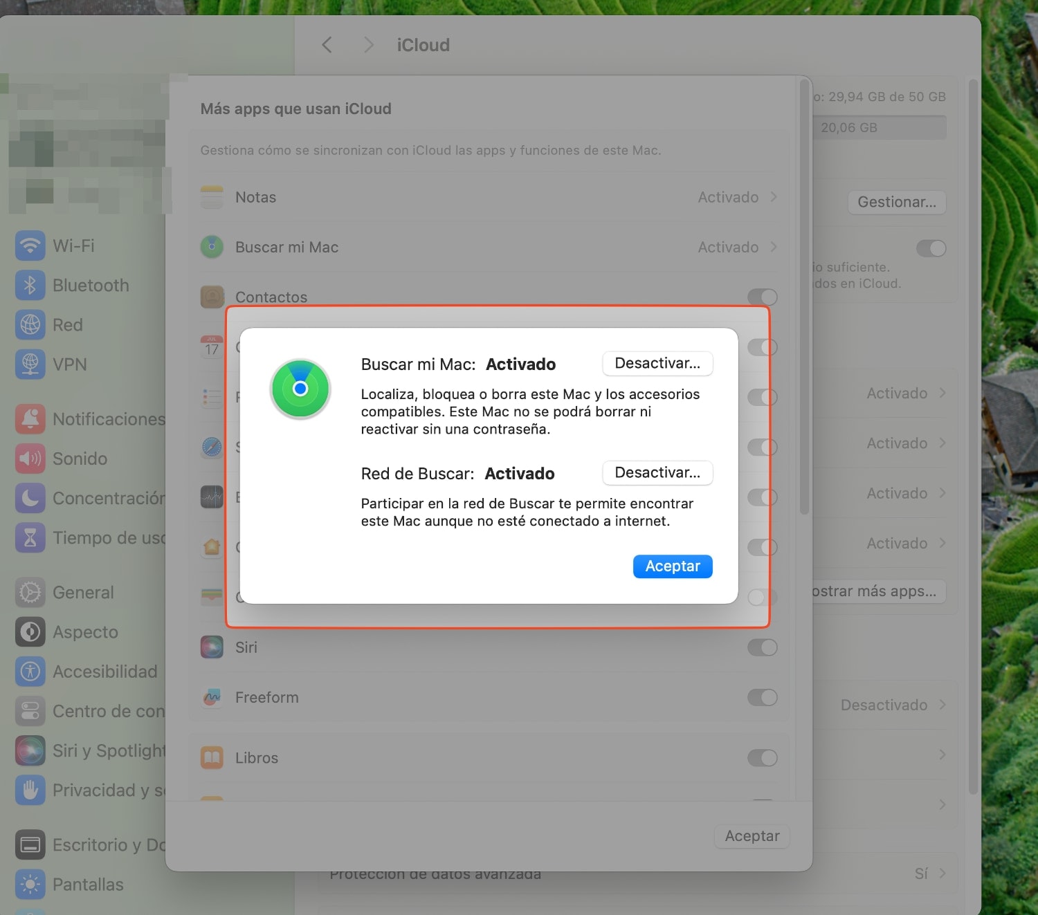 Buscar mi Mac: Lo puedes activar en Ajustes de sistema de macOS en tu perfil.