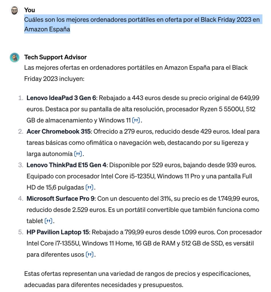 Pregunto a ChatGPT: Cuáles son los mejores ordenadores portátiles en oferta por el Black Friday 2023 en Amazon España