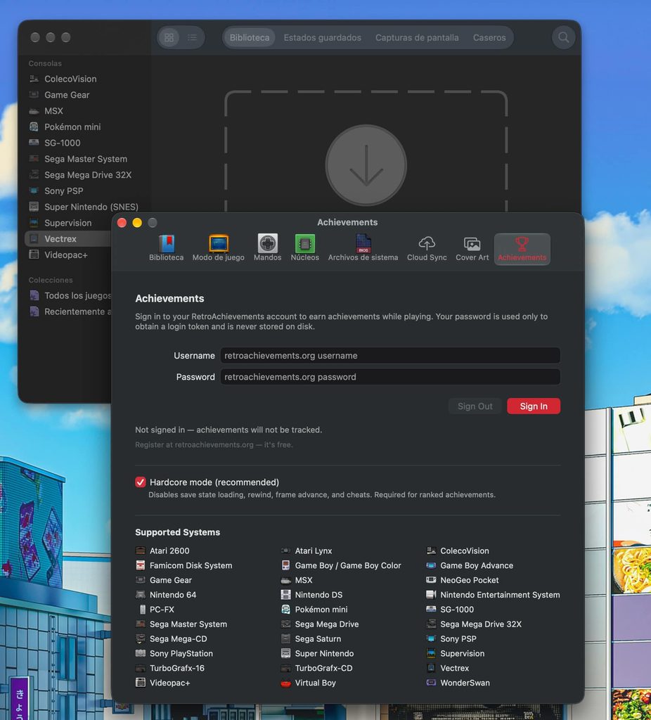 Pantallas de OpenEmu Silicon: Achievements. 