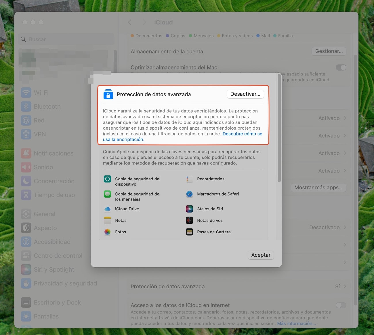 Puedes activar la Protección de datos avanzada en Mac: Lo tienes que hacer en Ajustes del Sistema > ID de Apple > iCloud > Protección de datos avanzada. 