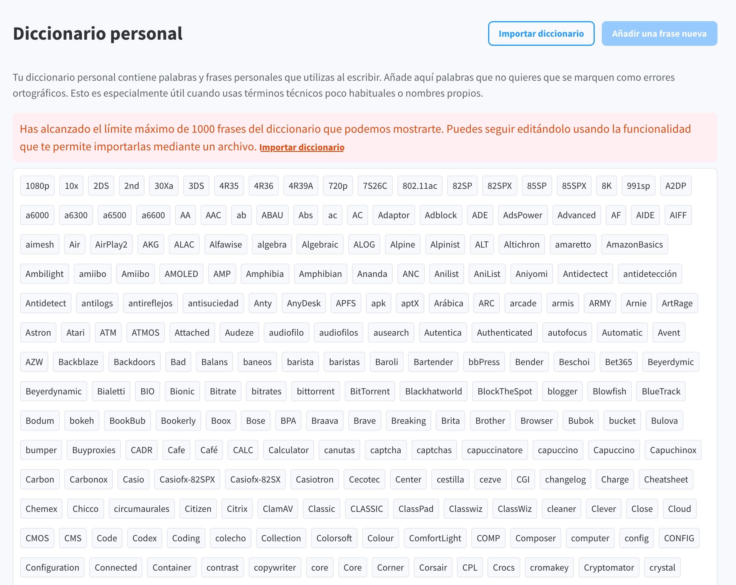 Diccionario personal que podemos ir creando en languagetool. Es compartido por las extensiones y las apps. 