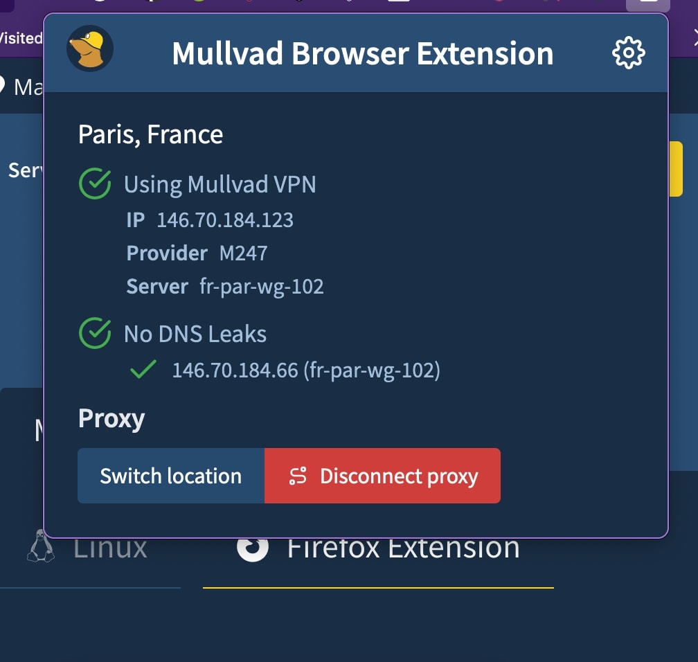 Extensión para Firefox de Mullvad VPN: comprueba si la VPN funciona. 