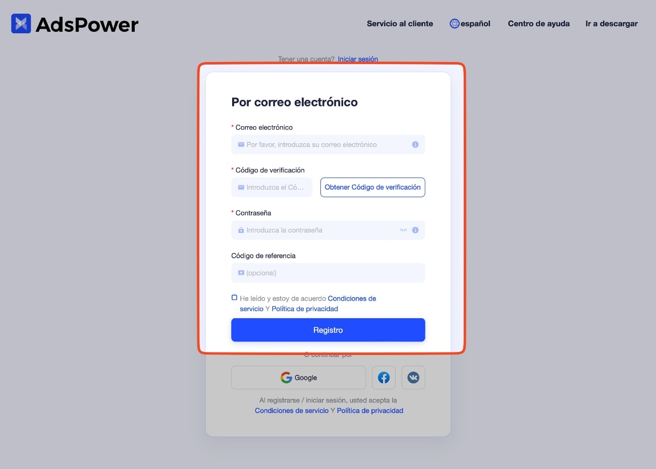 Nos damos de alta en AdsPower para conseguir un usuario y contraseña y poder usar su Antidetect Browser. 