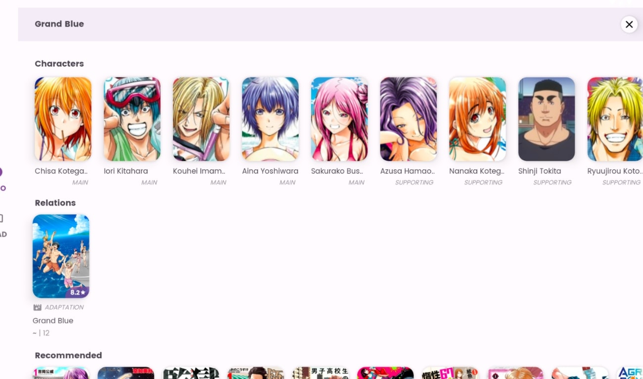 Personajes de Mangas en la app Android Dantotsu. 