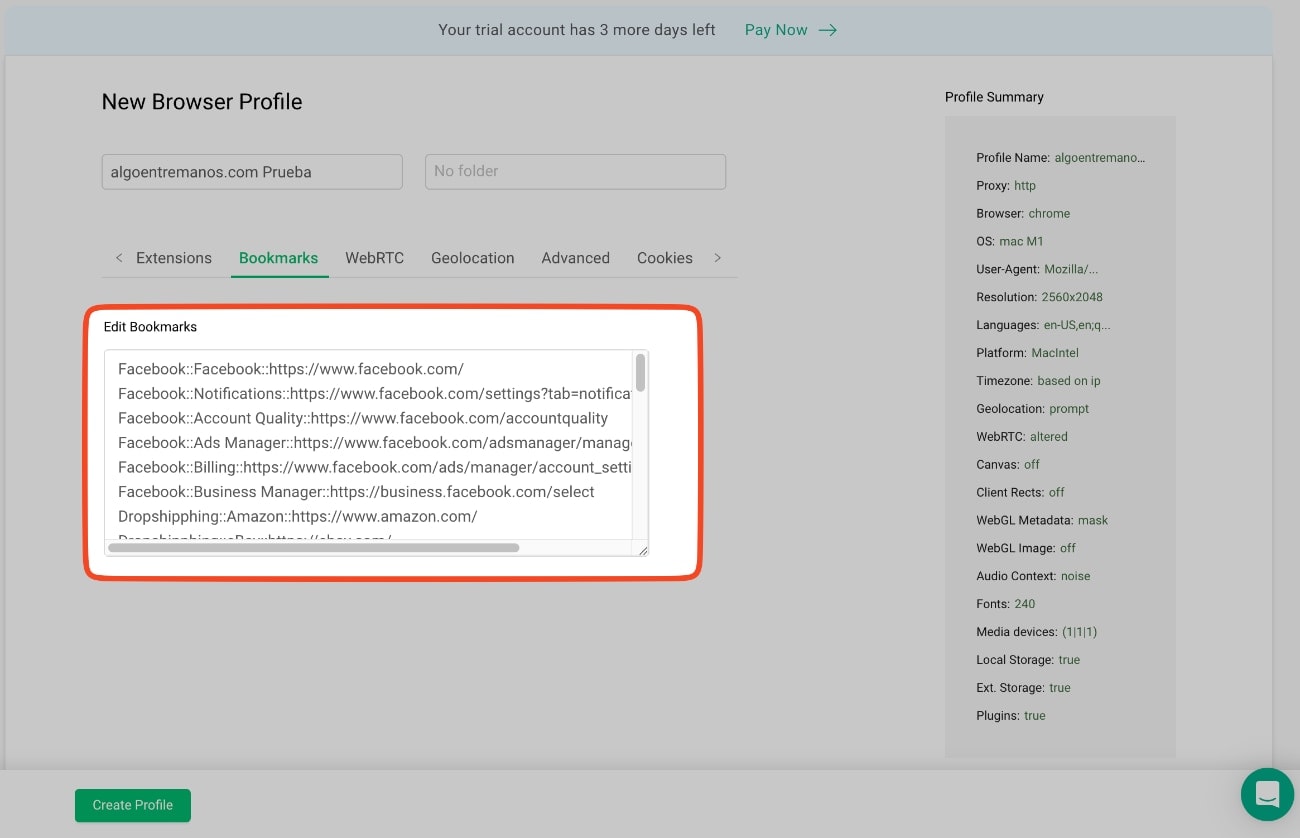 Creando nuevos perfiles de navegador en GoLogin: puedes añadir marcadores personalizados o dejar los que vienen por defecto. 