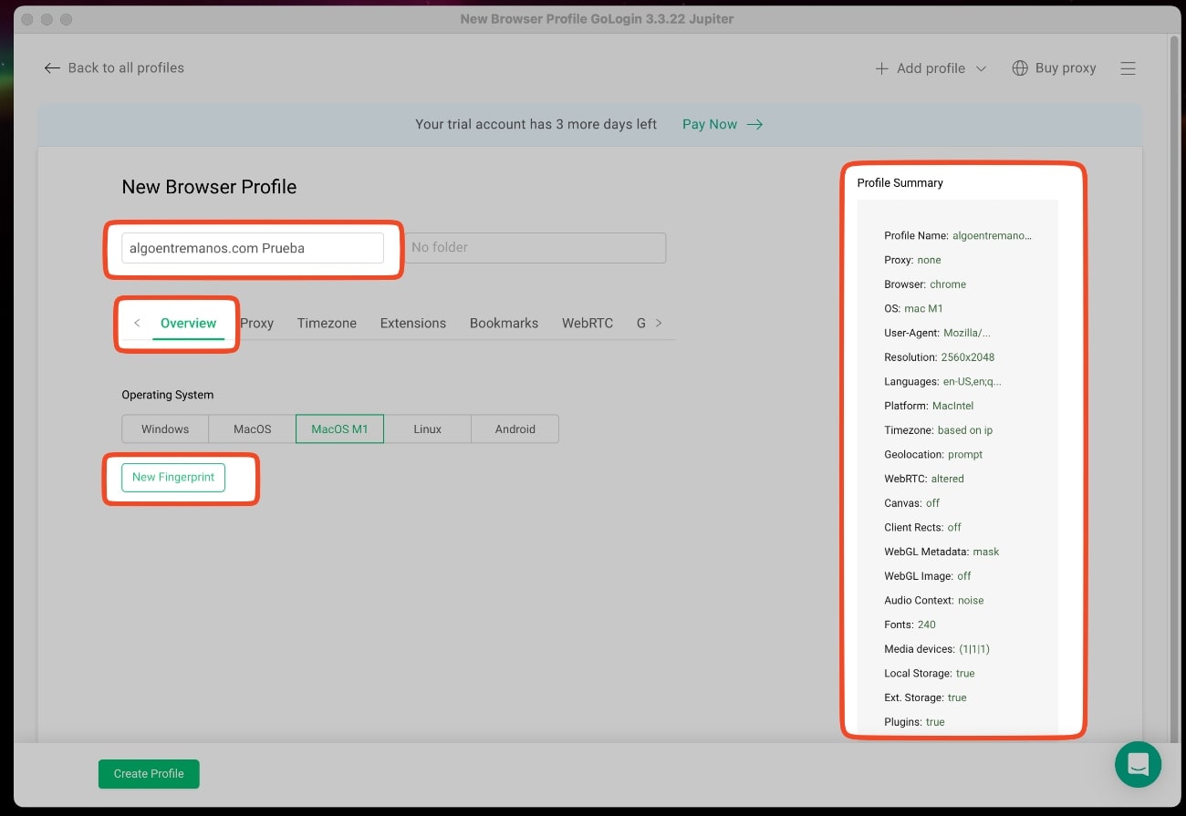 Creando nuevos perfiles de navegador en GoLogin: puedes cambiar el fingerprint de manera rápida y sencilla. 