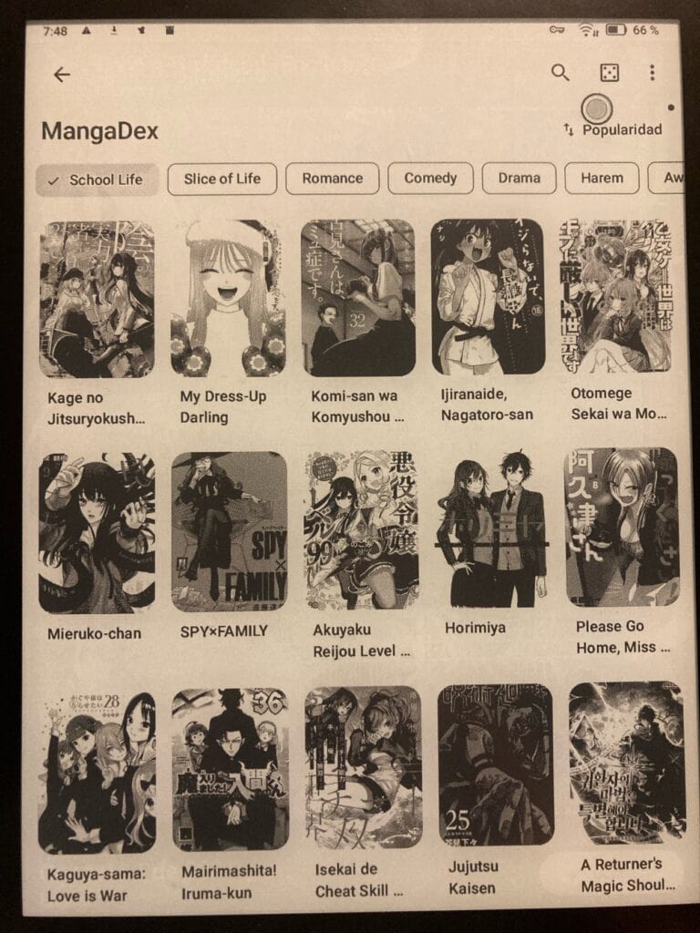 Mangas disponibles en Mangadex en la app Kotatsu.