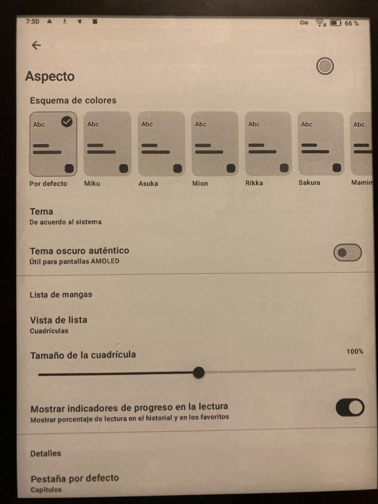 Ajustes de la app Kotatsu para Android: interfaz