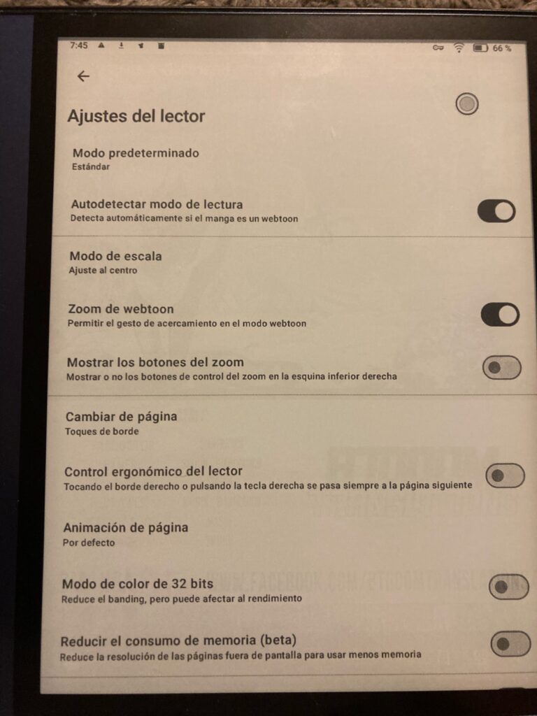 Ajustes de la app Kotatsu para Android: ajustes del lector
