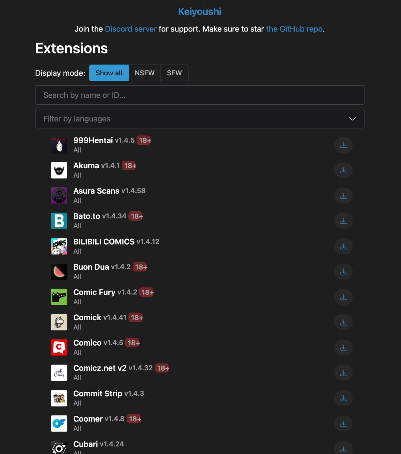 Listado de extensiones para Mihon que podemos descargar en formato .apk desde Keiyoushi.