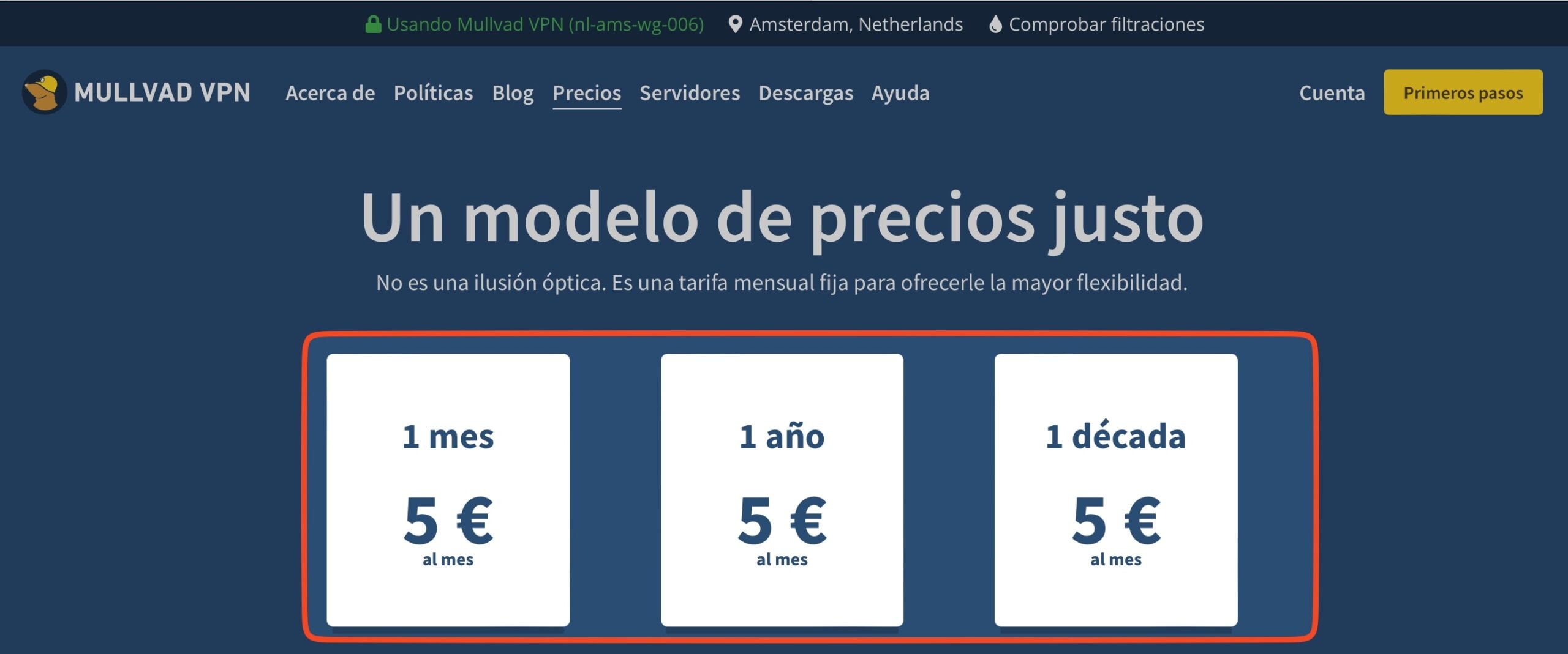 Precios de Mullvad VPN: siempre 5 euros. Todos los meses del año. 